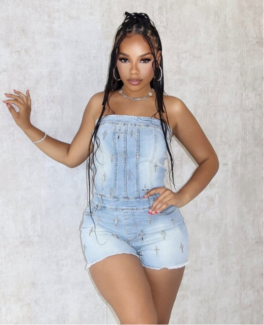 “Blessed” Denim Romper